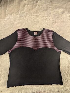 Black Top with Pink Houndstooth Yoke - Women's Long Sleeve Blouse